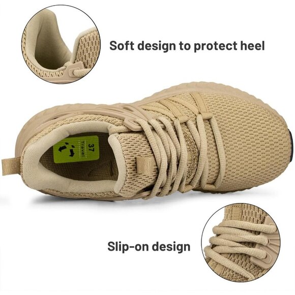 Women's Tan Slip On Sneakers Walking Tennis Shoes Lightweight Casual Lace Up - Picture 3 of 5